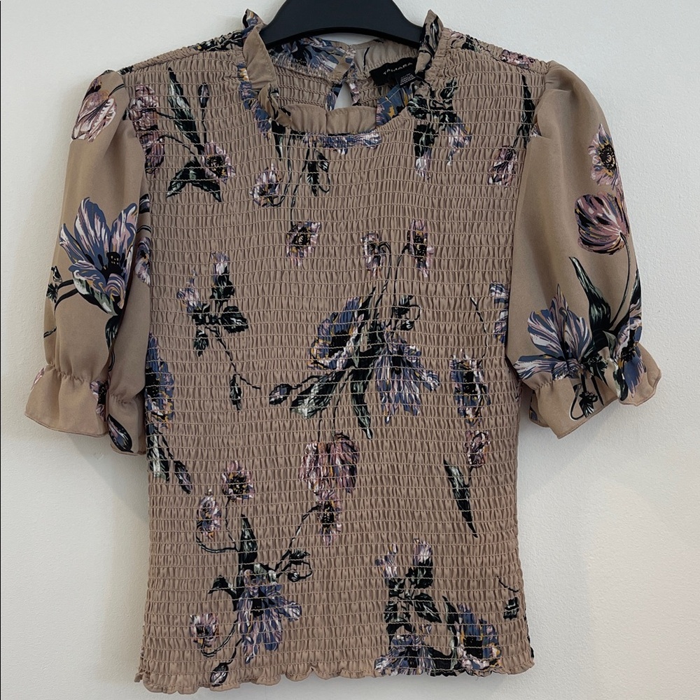 Floral Smocked Tan Blouse with ruffles XS